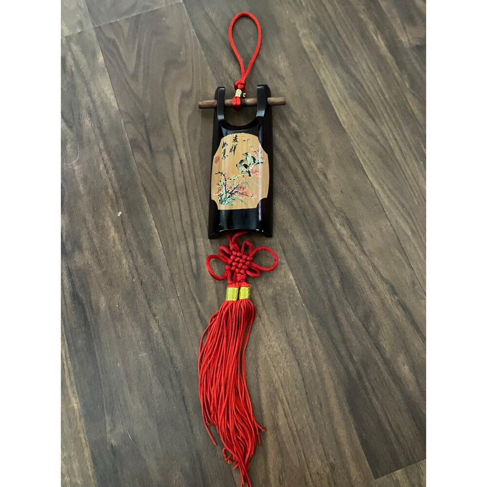 Vintage Chinese Handmade Lucky Feng Shui Wall Hanging Bird Bamboo Red Tassel
